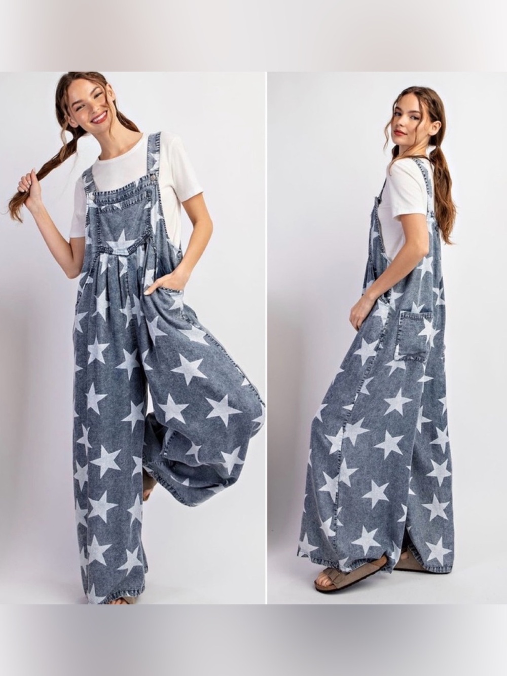 EE•SOME STAR PRINT WIDE LEG OVERALLS size M